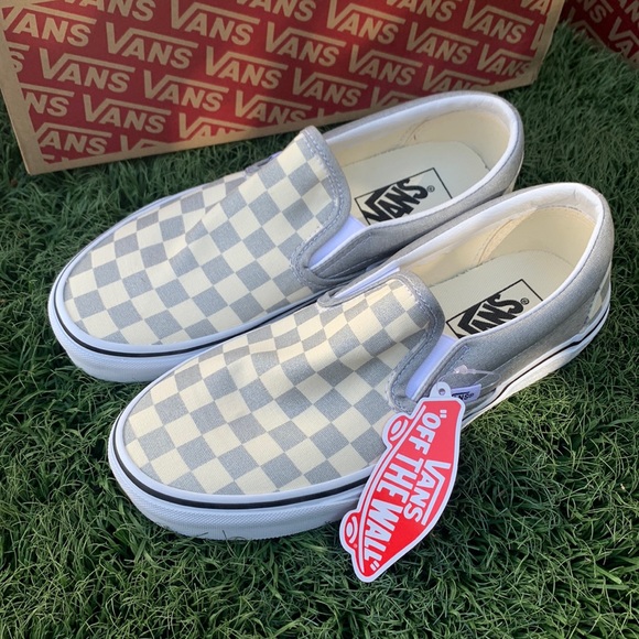 white and silver checkered vans